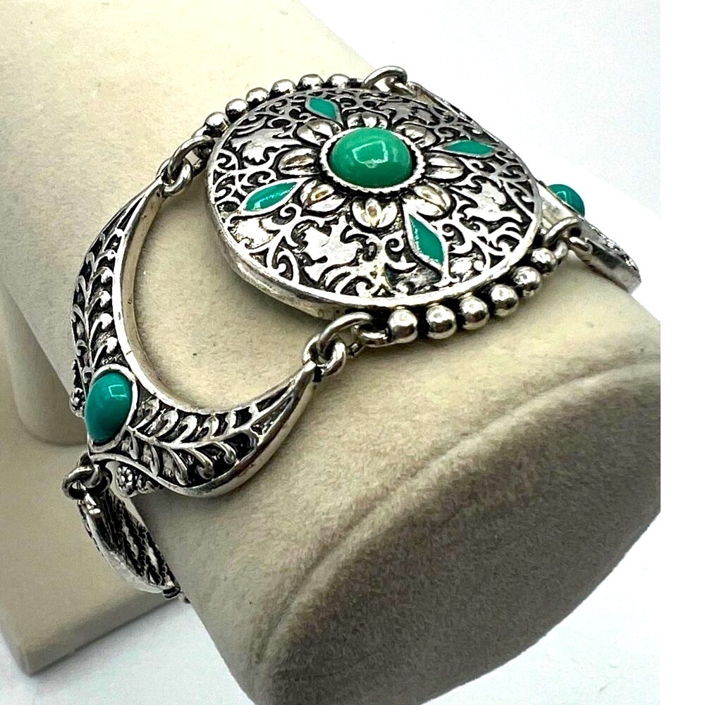 Silver Tone & Faux Turquoise Floral Filigree Bracelet A21 - Picture 7 of 10